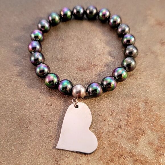New Iridescent Stainless Steel Beaded  Asymmetrical Heart Bracelet - Picture 2 of 9